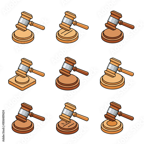 Vector set of 8 stylized judge's gavel and sound block icon, isometric vector illustration, flat design, high contrast, warm wood and silver colors.			