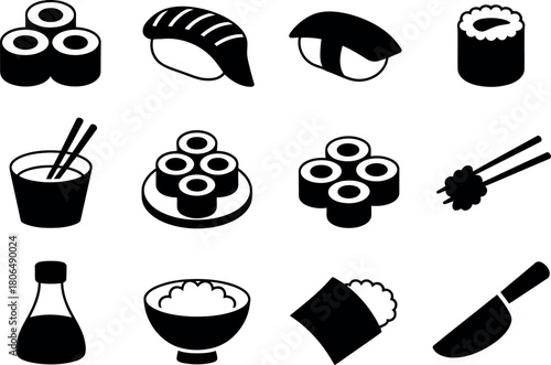 Japanese Cuisine Sushi Black and White Vector Icon Set Collection