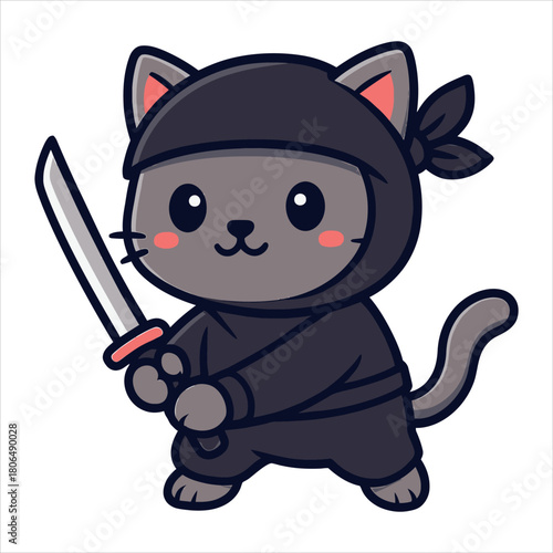 Adorable gray cat ninja character holding a katana sword. A cute cartoon shinobi warrior mascot in a classic black costume, flat vector logo illustration