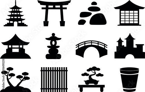 Japanese garden elements silhouettes representing different traditional landscape designs