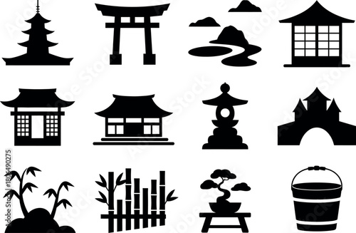 Japanese garden design elements vector icons in simple minimalist style