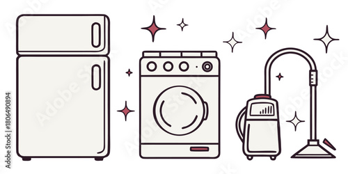 Line art illustration of home appliances including refrigerator and vacuum cleaner