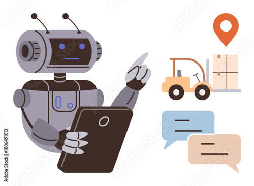 Robot managing logistics tasks with tablet, overseeing forklift and chat bubbles, conveying efficiency. Ideal for automation, technology, logistics, communication, AI, supply chain digital