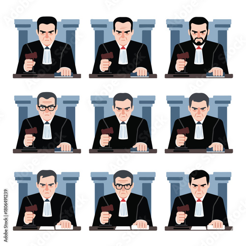 Vector set of 8 Judge's chambers with a view, minimalist modern design, isometric vector art, clean white and wood color palette.										
