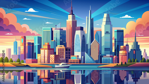 Very beautiful panoramic view of Manhattan showcasing a sweeping urban horizon, towering skyscrapers, shimmering waterfront reflections, and a clear atmospheric vista capturing the vibrant essence of 