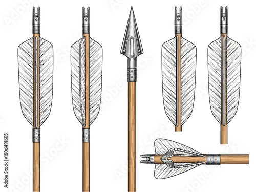 Detailed illustrations of historical arrows, showing the arrowhead and feather fletching.