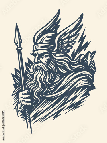Thunder god warrior with spear engraving vector illustration