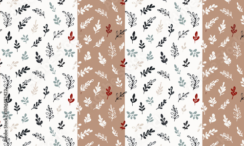 Seamless Striped Botanical Pattern, Cute Hand Drawn Leaves on Brown and White Vector Background