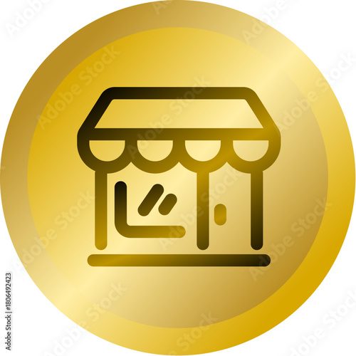 Shiny Gold Round Button With Shop Storefront Market Vector Icon