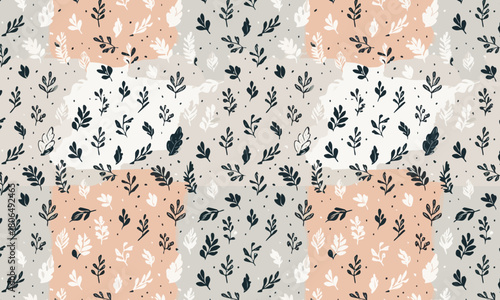 Seamless Botanical Pattern with Abstract Shapes, Hand Drawn Leaves on Pastel Organic Spots Background