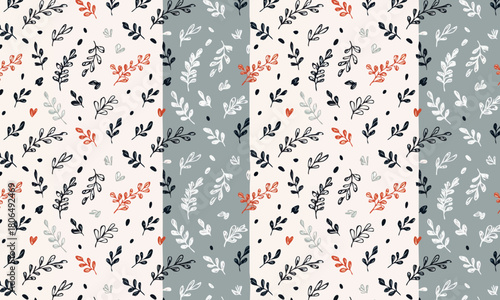 Seamless Botanical Vertical Stripes Pattern, Cute Hand Drawn Leaves on Alternating Color Background