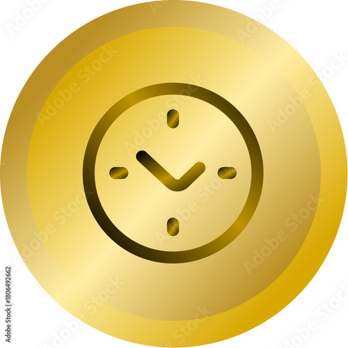 Shiny Gold Round Button With Clock Time Watch Vector Icon