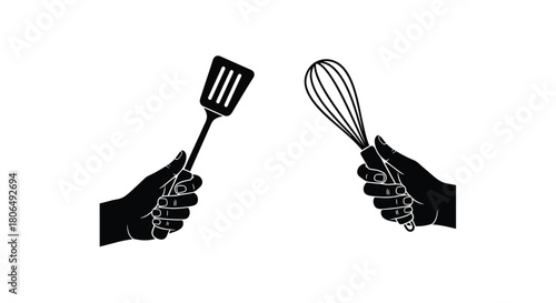 Hands holding a spatula and whisk black and white illustration