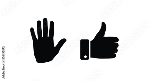 Two black hand symbols an open palm and a thumbs up gesture