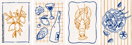 Dolce vita cards with Italian food. Doodle-style poster designs with lemon, lobster, limoncello, seafood and pasta, vertical framed backgrounds. Mediterranean cuisine. Drawn vector illustrations