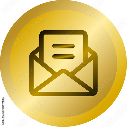 Shiny Gold Round Button With Open Email Envelope Vector Icon