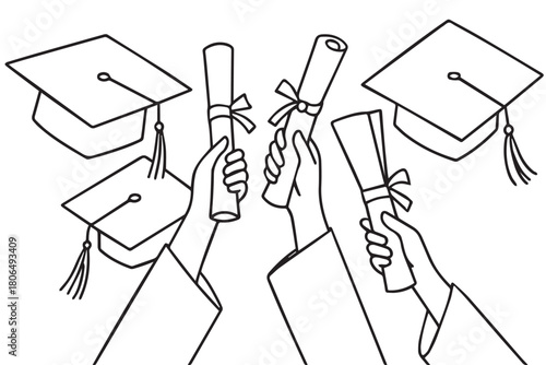 A minimalist black and white vector of a graduation scene, with a hand gripping a diploma beside a classic graduation cap, drawn in simple lines to represent success and scholarly pride.