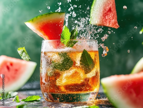 Refreshing summer drink with watermelon and mint in a clear glass on a vibrant green background