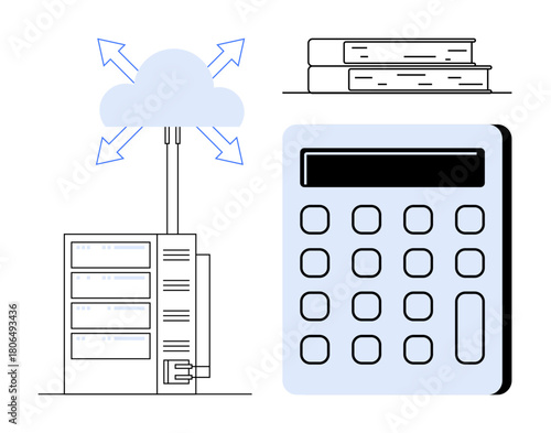 Server connecting to cloud with arrows, calculator, and stack of books representing data exchange, computing, and learning. Ideal for technology, education, cloud services, finance analysis