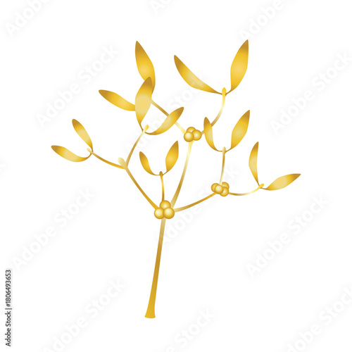 Christmas golden mistletoe branch vector illustration. Christmas gold mistletoe twig icon isolated on a white background. Viscum album natural holiday decoration. Symbol of abundance and wealth