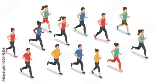 Isometric group of diverse runners in motion on white background