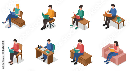 Diverse people reading books in various settings and poses