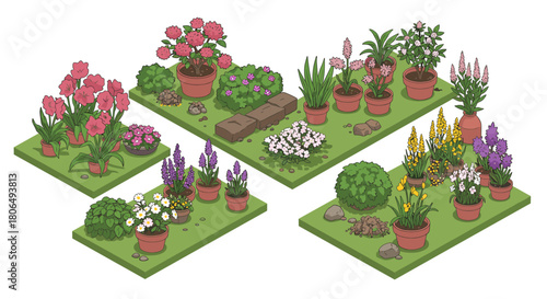 Isometric garden design with potted plants and flowers on grass patches
