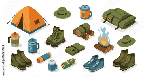 Isometric camping gear collection: tents, boots, and outdoor essentials