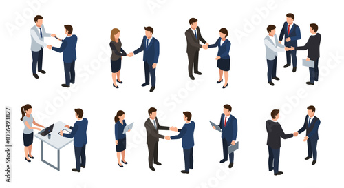 Professional business meetings and handshake isometric concepts