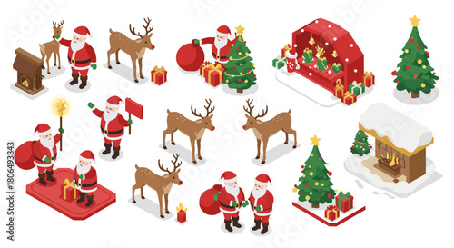 Festive isometric santa with reindeer and gifts for christmas decorations