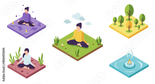 Isometric meditation scenes with peaceful nature settings