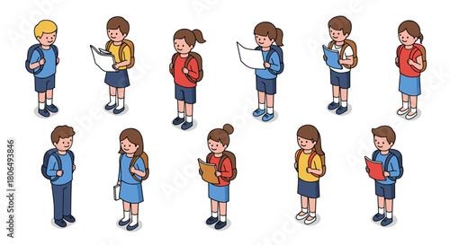 Isometric school kids reading and talking in uniforms with backpacks