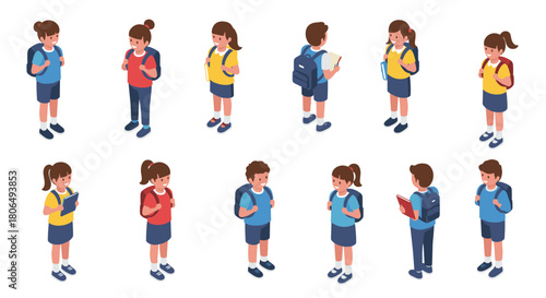 Isometric school children characters with backpacks in various poses and outfits