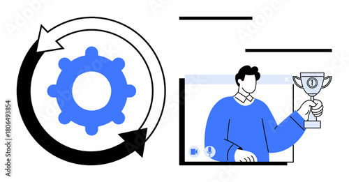 Gear with circular arrows representing process improvement alongside a person holding a trophy symbolizing success and achievement. Ideal for workflow management, productivity, teamwork, leadership