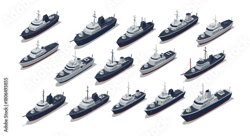 Isometric collection of modern naval ships on white background