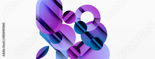 Abstract composition featuring overlapping translucent circles. Purple, blue hues dominate, creating dynamic visual effect. Minimalist design.