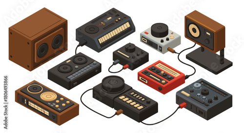 Isometric retro audio equipment set featuring turntables and speakers