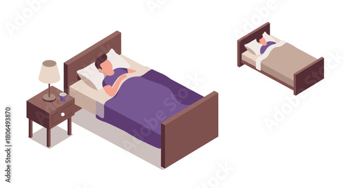 Cozy bedroom isometric art with sleeping person and nightstand