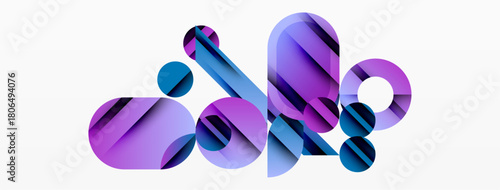 Abstract composition featuring overlapping translucent shapes. Purple, blue hues dominate design, creating dynamic visual effect. Minimalist style.