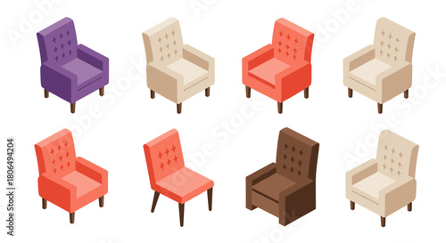 Isometric armchairs collection in various colors and styles