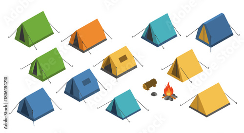 Colorful camping tents with campfire and log arrangement on white background