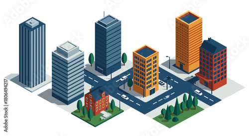 Isometric urban cityscape with diverse buildings and streets