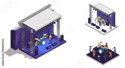 Isometric music stage with live band and equipment in outdoor concert setup