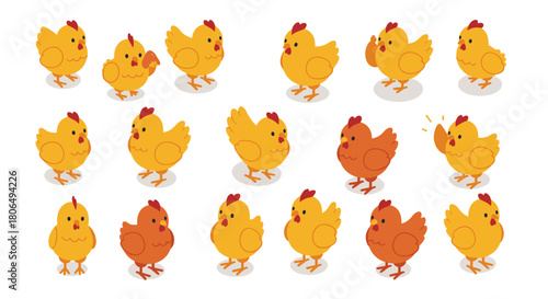Cute cartoon chickens set in various poses with yellow and orange colors