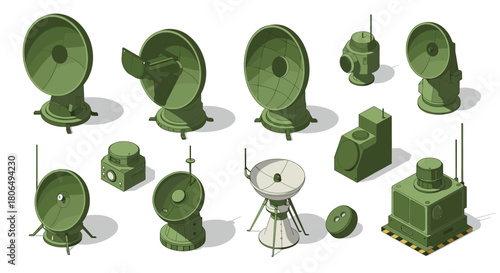 Isometric antennas and radar equipment in green tones for technology design