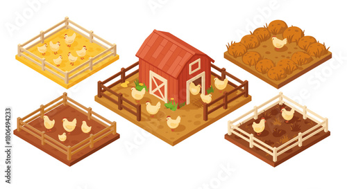 Isometric farm chicken coop with different terrain and chicken enclosures