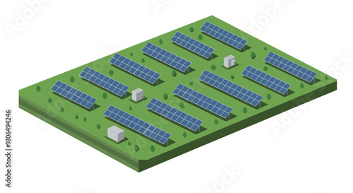 Isometric solar farm on green terrain with photovoltaic panels and trees