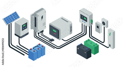 Innovative energy solutions with connected solar panels and battery systems in d isometric style