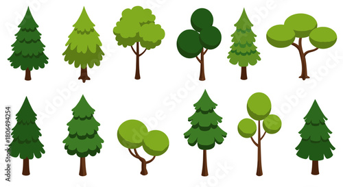 Collection of various stylized tree designs in flat art style for nature-themed projects