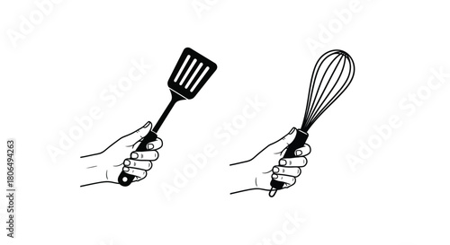 Hands holding kitchen utensils a spatula and a wire whisk black and white